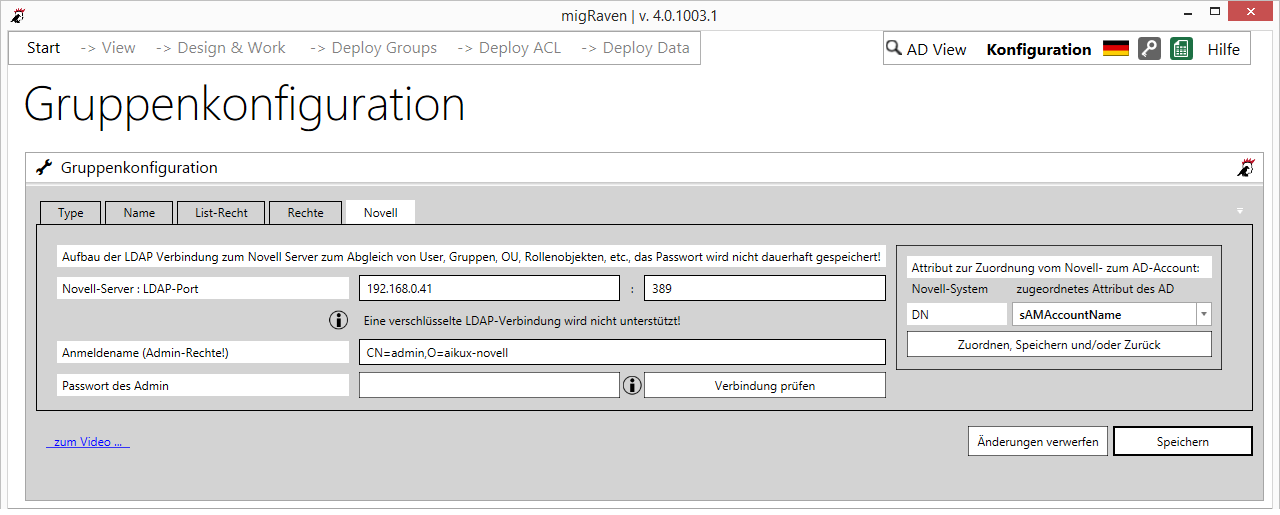 Novell-Server- und Novell-Admin-Name können in der Konfiguration von migRaven gespeichert werden, rechts der Eintrag für das User-Mapping